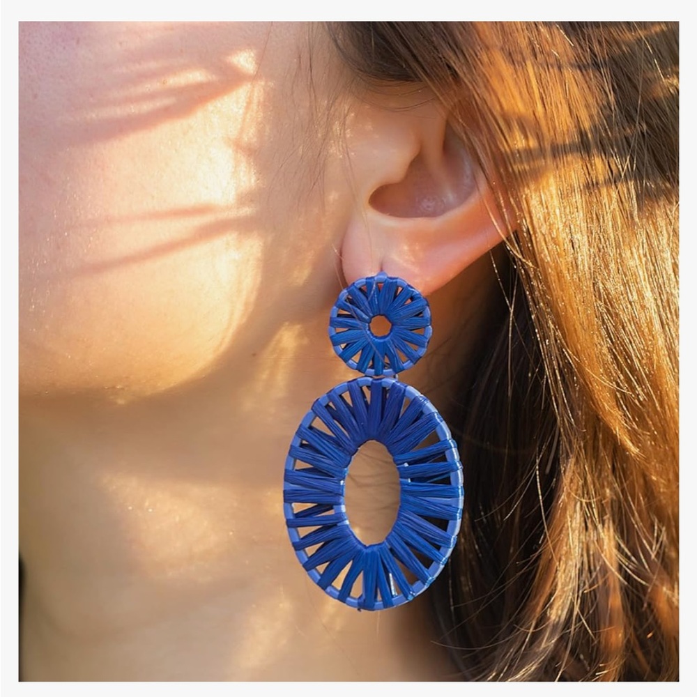 Dark Navy Raffia Woven Oval Earring